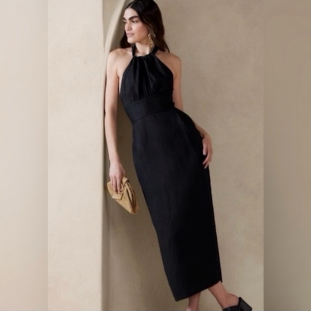 Banana Republic Black Linen Halter Midi Dress Size 16 Open Back Summer Wedding